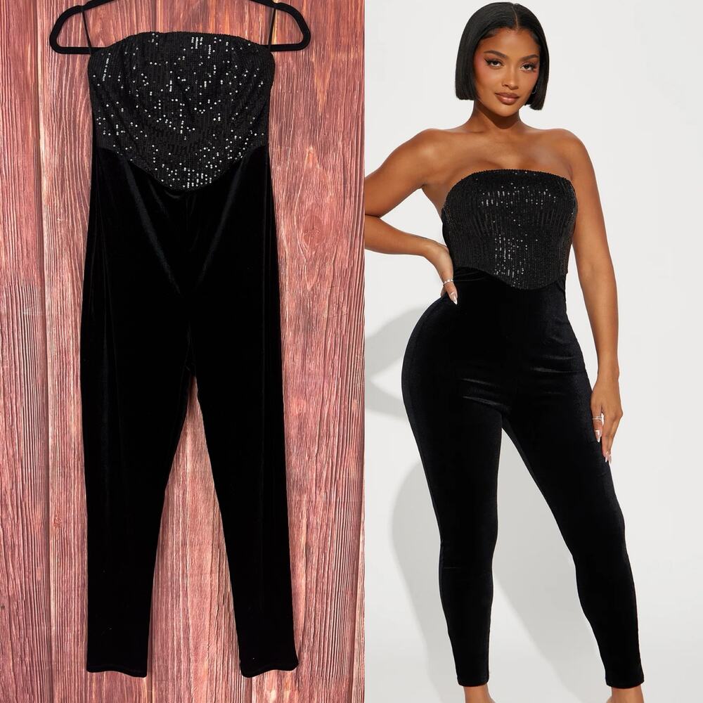 Bozzolo Black Velvet Jumpsuit Skinny Fit Sequin Party Womens Size Large
